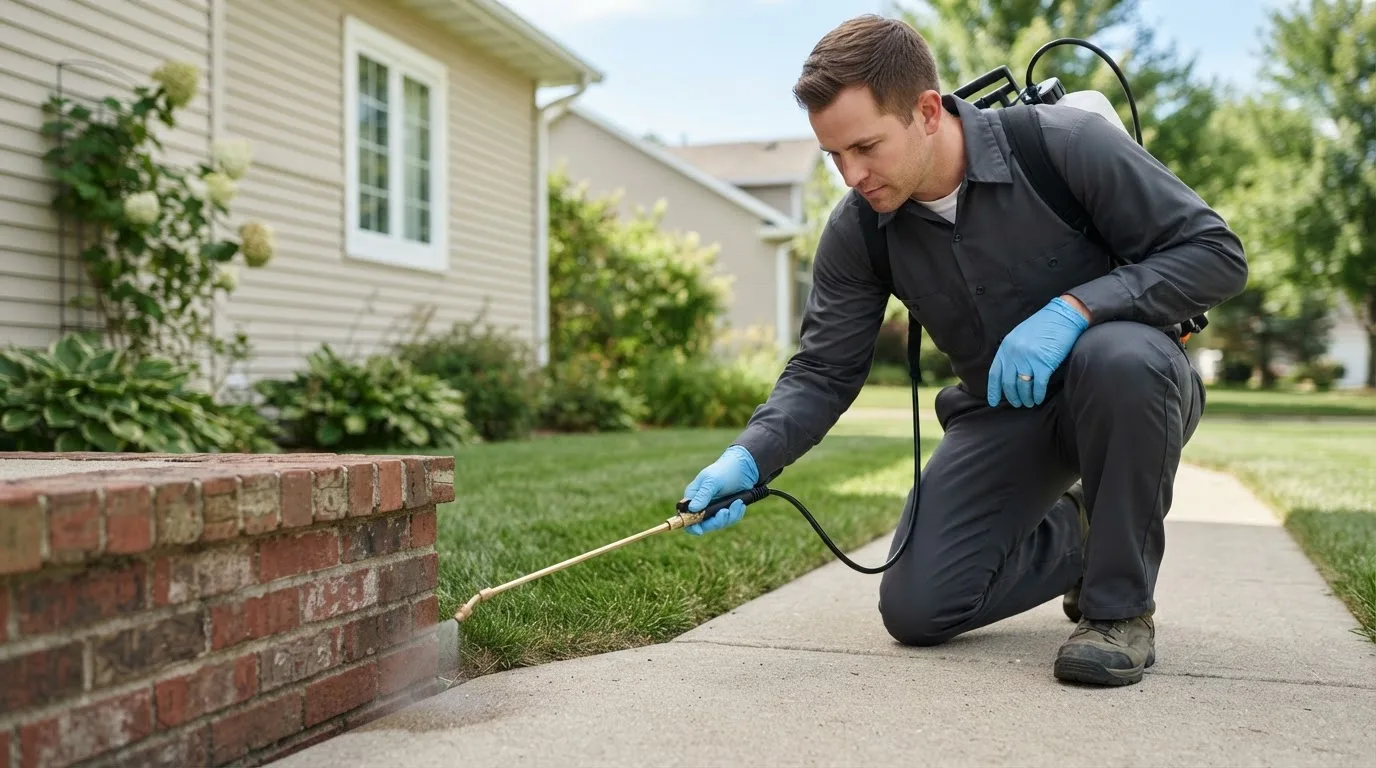 Pest control technician treating a home near Backus, MN